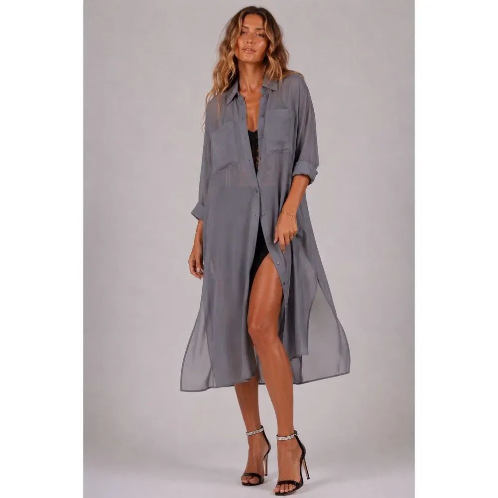 NWT Zara Semi-Sheer Long Tunic Shirt Dress Anthracite Grey Maxi Button Front Siz